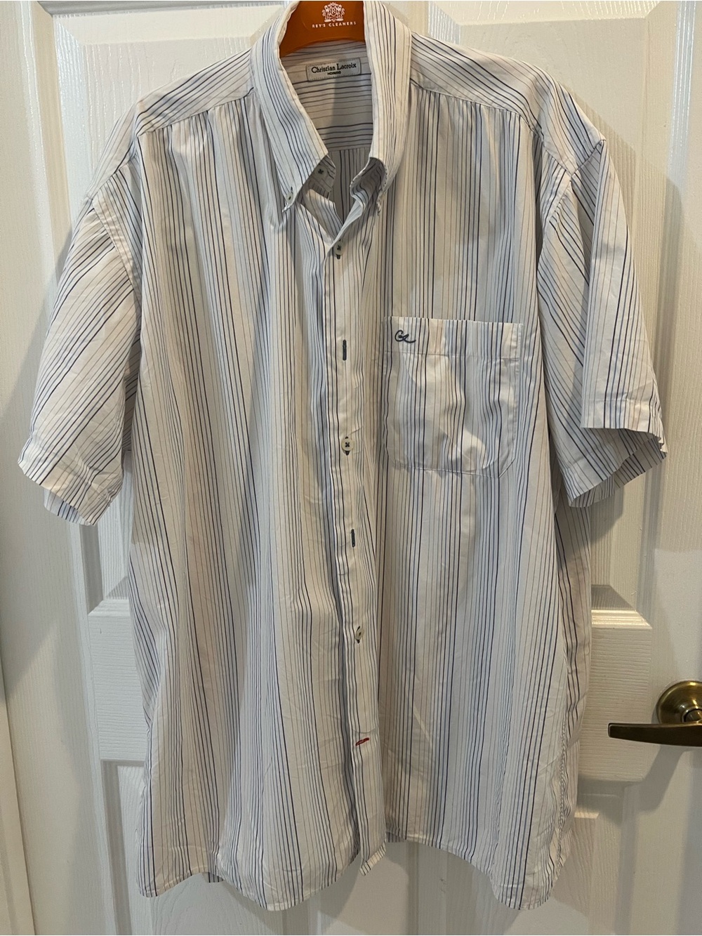 Christian Lacroix Men’s Short-Sleeve Button-Down Shirt - White with Blue Stripes